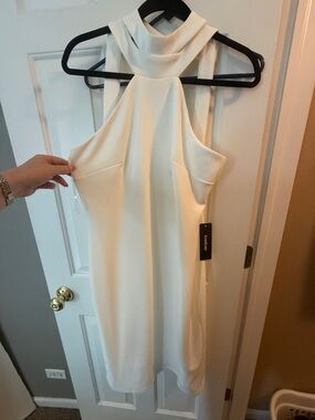 bebe White Halter Midi Dress with High Neck